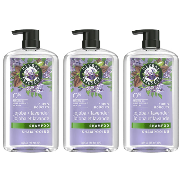 Three bottles of Herbal Essences Jojoba Oil & Lavender Curls Shampoo 29.2oz (3 Pack) are displayed side by side, each with a pump dispenser, against a white background.